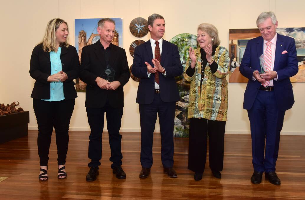 Recognition: MidCoast Council deputy mayor Katheryn Smith, joint winner of the Special Arts Award Ashley Cleaver, member for Lyne David Gillespie, president of the Manning Winter Festival Mave Richardson and joint winner of the Apecial Arts Award Tim Stack. Photo: Julie Slavin.