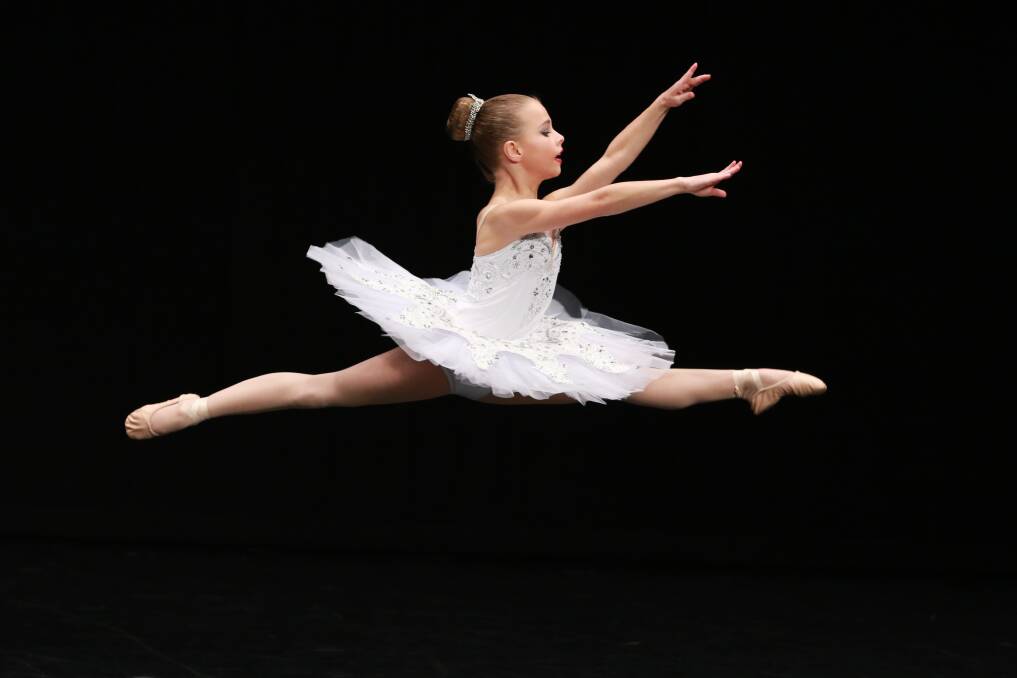 Grand jeté: Coco Huebner from Forster Tuncurry received first place in Section 601 Open – Classical Ballet Solo 10 years and under. Photo: Scott Calvin/Carl Muxlow.