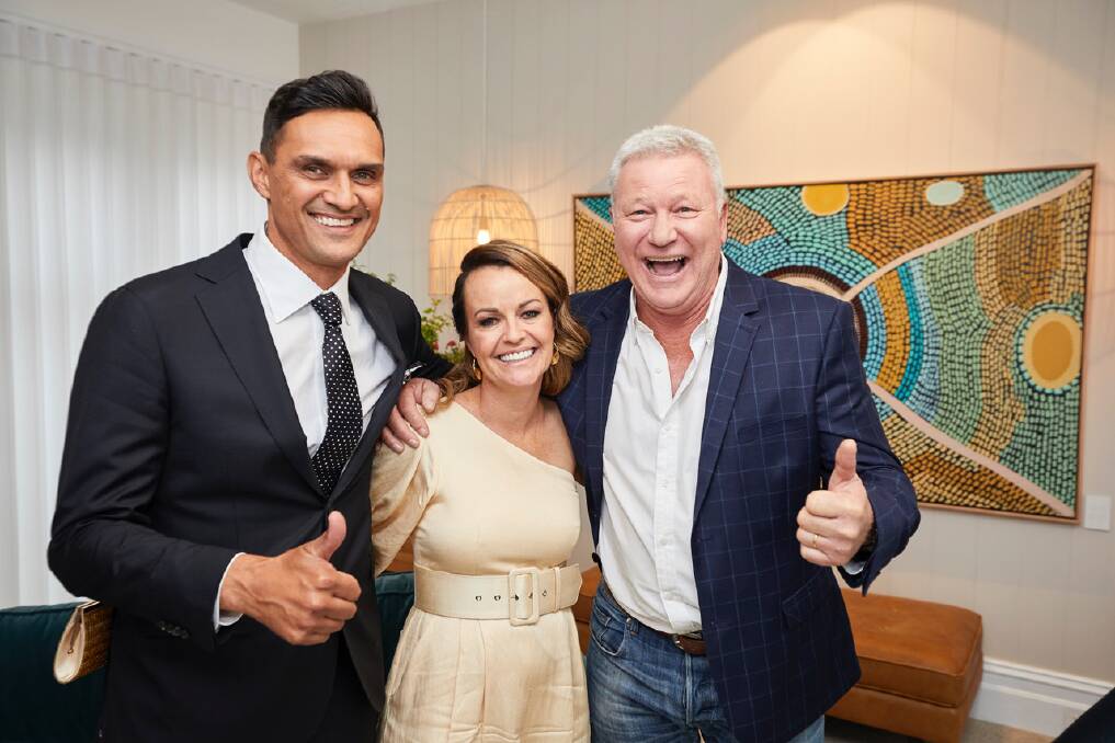 Great result: Andy and Deb Saunders with The Block host Scott Cam, following the auction. Photo: Nine.