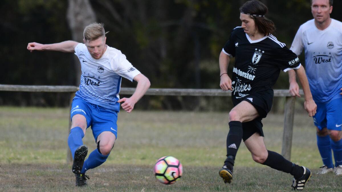 Taree's Jordan Howard goes on the attack against Wallis Lake in the Football Mid North Coast Premier League last season. The clubs could be playing in the Zone Premier League next year.