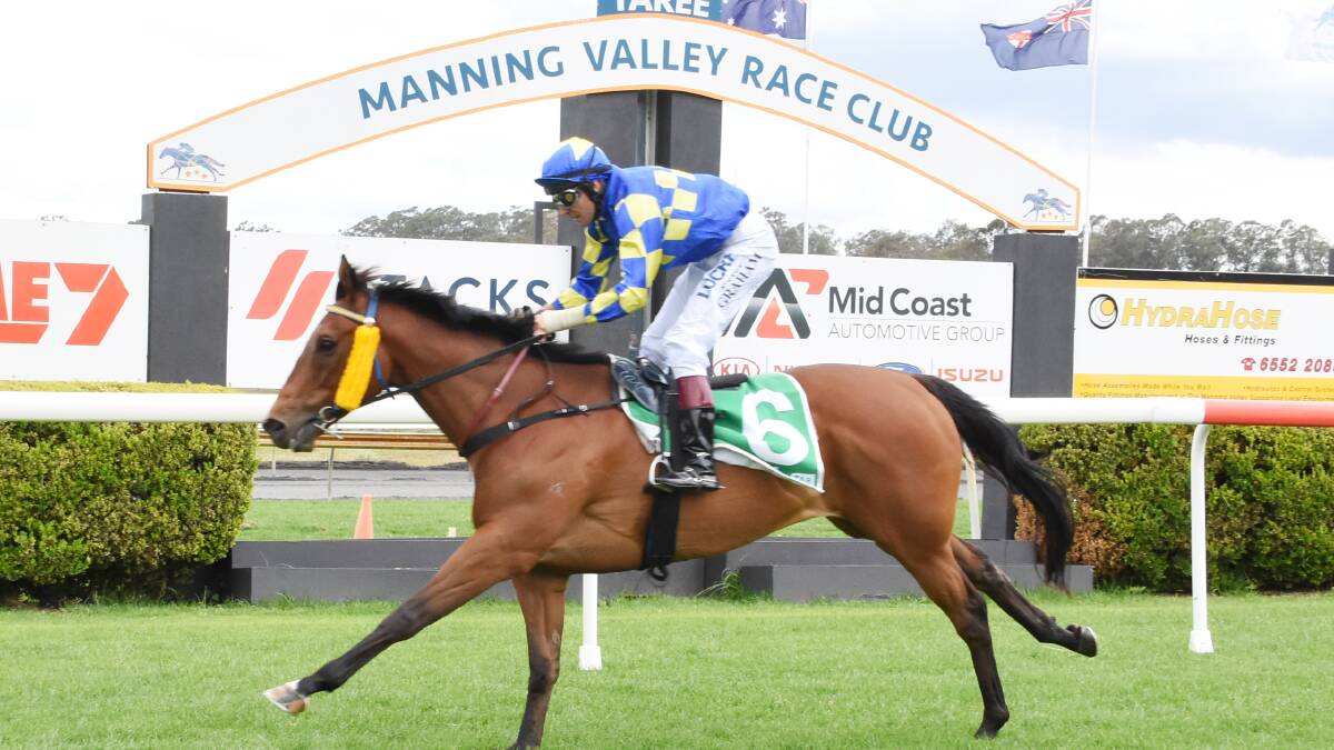 Peter Graham scores on Time Stalker for trainer Dean Jackson in the Iron Jack Benchmark 50 Handidcap, the first of his winning double at Taree on Tuesday.