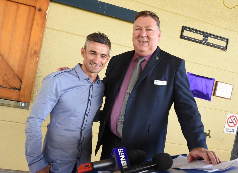 Manning Valley Race Club chairman Greg Coleman with Melbourne Cup winning jockey Corey Brown at the official launch of the race club this year.