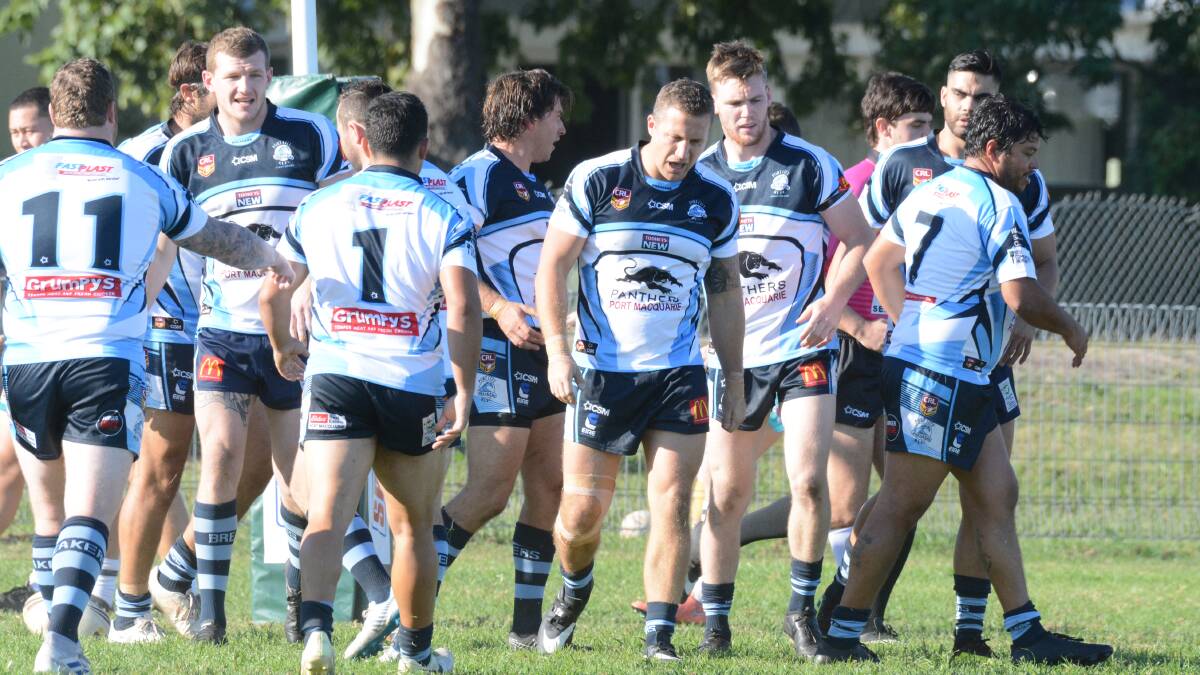 Port City players after centre Luke Sinclair had scored the second try of the match against Taree City. The Breakers won 46-14.