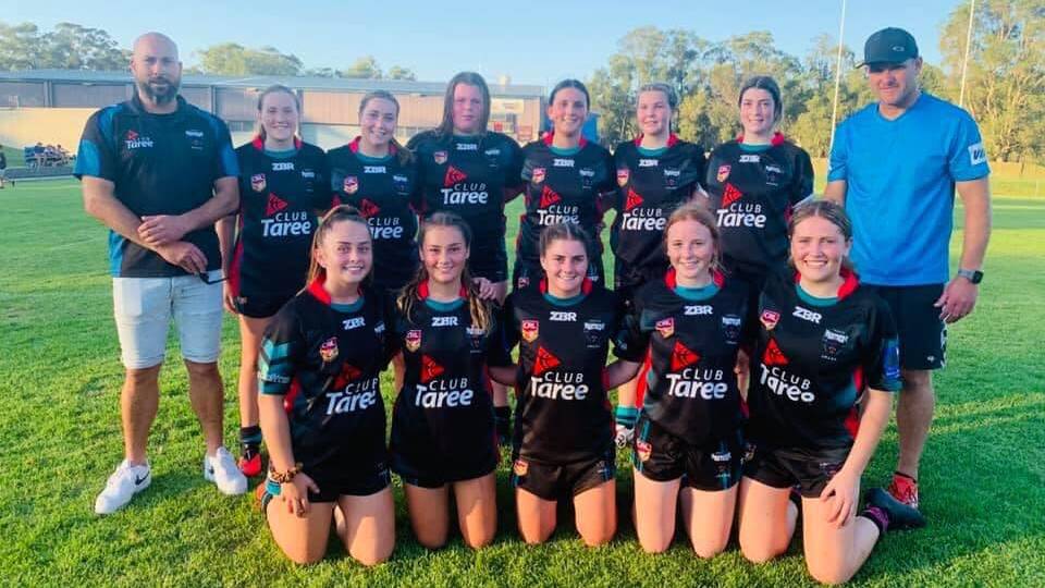 Taree Panthers under 17: back row: Gavin Limpic (coach), Paris Ramsay, Sienna Limpic,, unknown, Sophie Croker, Ashlee Smith, Jess Wallace, Chris Green (trainer). Front: Lilly Davies, Kyana Patten, Lucy Green, Kara Allen, Laura Wilson. Photo Taree Panthers