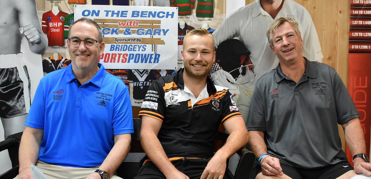 Wingham captain-coach Mitch Collins was a regular on On The Bench last year and he's sure to be back this season. He's pictured with Mick McDonald and Gary Bridge.