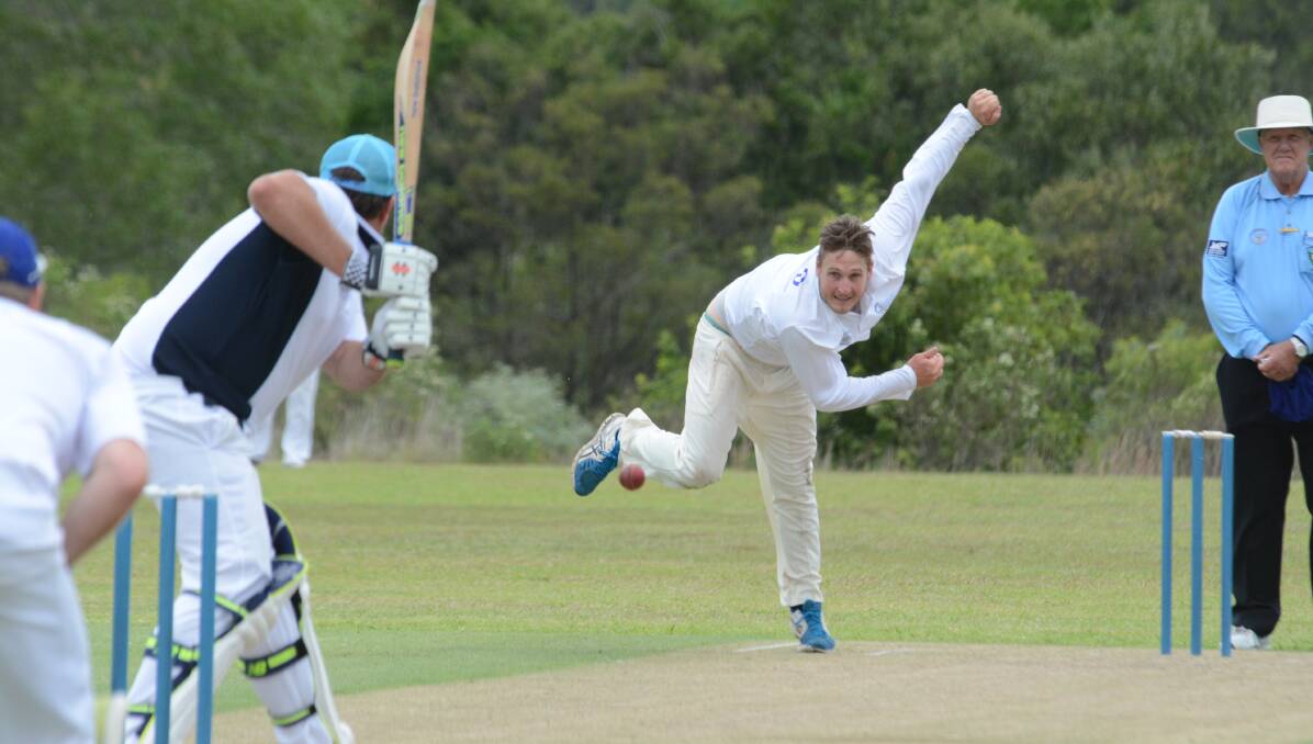 Wingham all-rounder Ben Scowen sends down a delivery in the Manning first grade cricket clash against Taree West at Wingham.