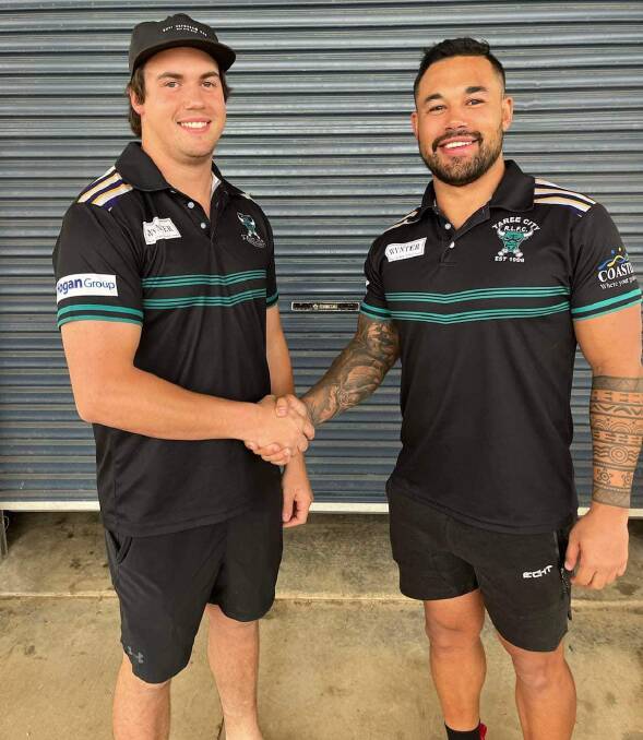 Taree City captain-coach Christian Hazard welcomes new signing Nathan Napier to the club. Picture Taree City Bulls.