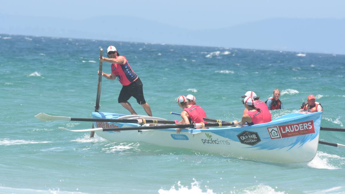 Taree Old Bar's crew heads for the finish line during a race in the North Coast Surf Boat Series held at Old Bar. The crew finished fourth on the pointscore but retains third on the overall ladder.
