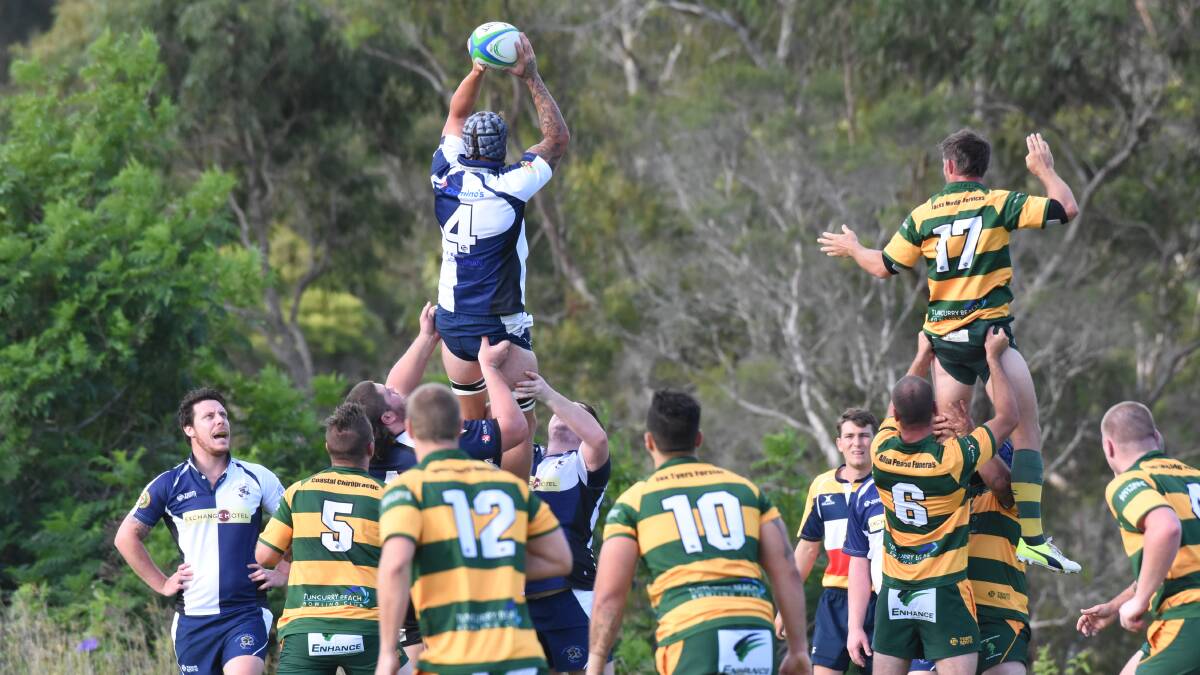 Flying high: Sam Hartnett wins a lineout for Manning Ratz in the clash against Forster-Tuncurry at Taree Rugby Park.