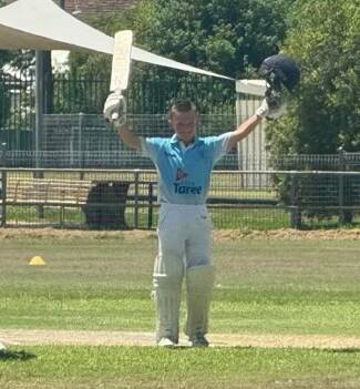 Carter Cox celebrates after making his century in energy sapping 37 degree heat at the Johnny Martin Oval. Photo supplied