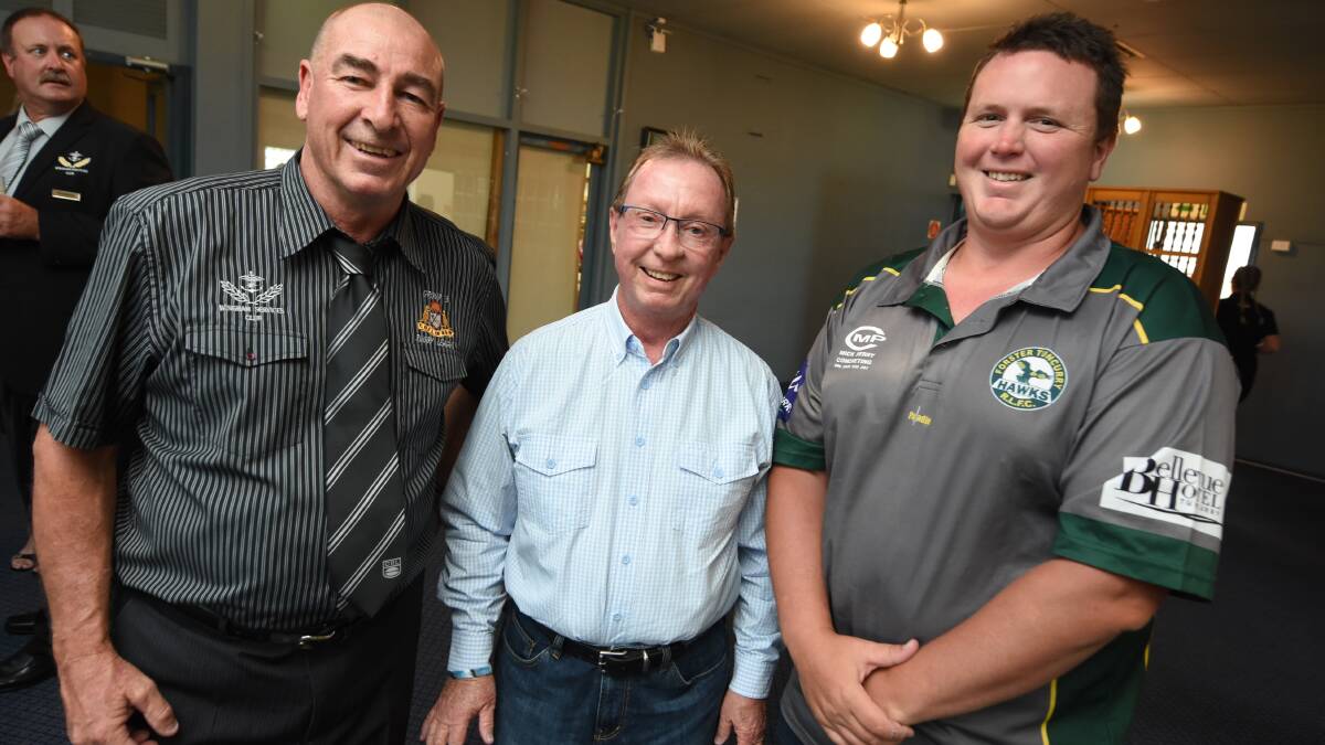 Wayne Bridge (left) pictured at the Group Three Rugby League Hall of Fame induction with Marshall Loadsman from Tuncurry and Forster-Tuncurry Rugby League Club president Justan Buttigieg. Mr Loadsman was the compere for the evening.
