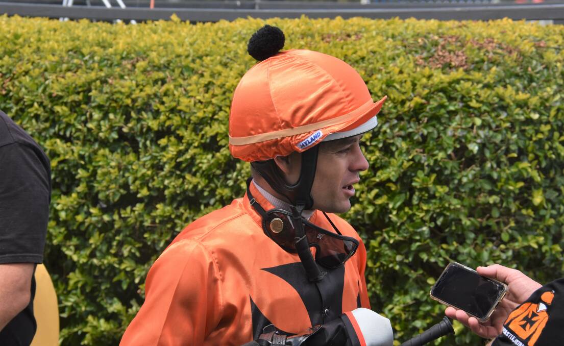 Newcastle jockey Aaron Bullock speaks to the media after his win on the Kris Lees-trained One Star Shining ($2) in the Horsepower Maiden over 1400m on Krambach Cup day. Photo Rob Douglas