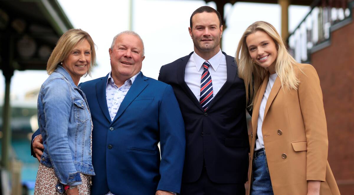 Roosterss player Boyd Cordner poses with partner Jemma Barge, father, Chris, and Chris's partner Kerry Kristiensen after announcing his retirement during a Sydney Roosters NRL media opportunity at Sydney Cricket Ground. Photo by Mark Evans/Getty Images)