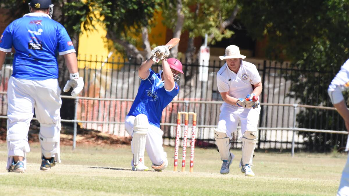 Taree West batsman Nathan Johnson hits out in the Mid North Coast Premier League cricket clash against Macquarie at the Johnny Martin Oval.