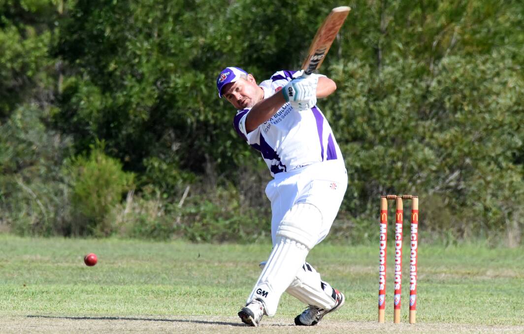 United batsman Josh Ferris takes to the Wingham bowling late in the innings in the final Mid North Coast Premier League clash at Wingham.