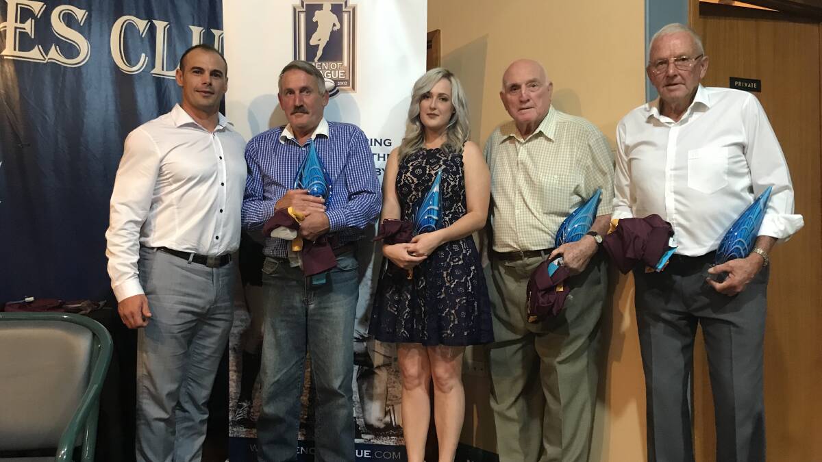 Hall of fame special guest Mick Sullivan with inductees Robert Laurie, Emily Lee, representing her grandfather, the late Lloyd Hudson, Jake Kennett and Joe White.