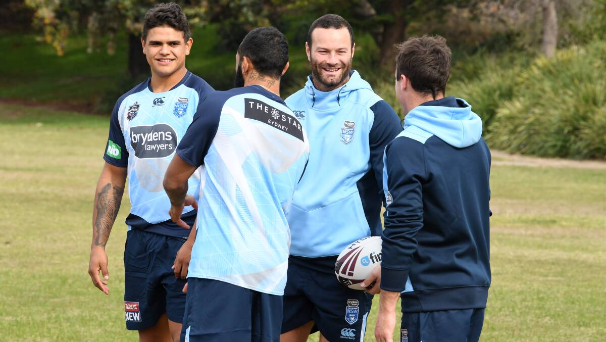 Blues brothers: Latrell Mitchell and Boyd Cordner at a NSW training session this week. Mitchell will make his State of Origin debut next Wednesday night, with Cordner named captain. Photo Grant Trouville NRL Photos.