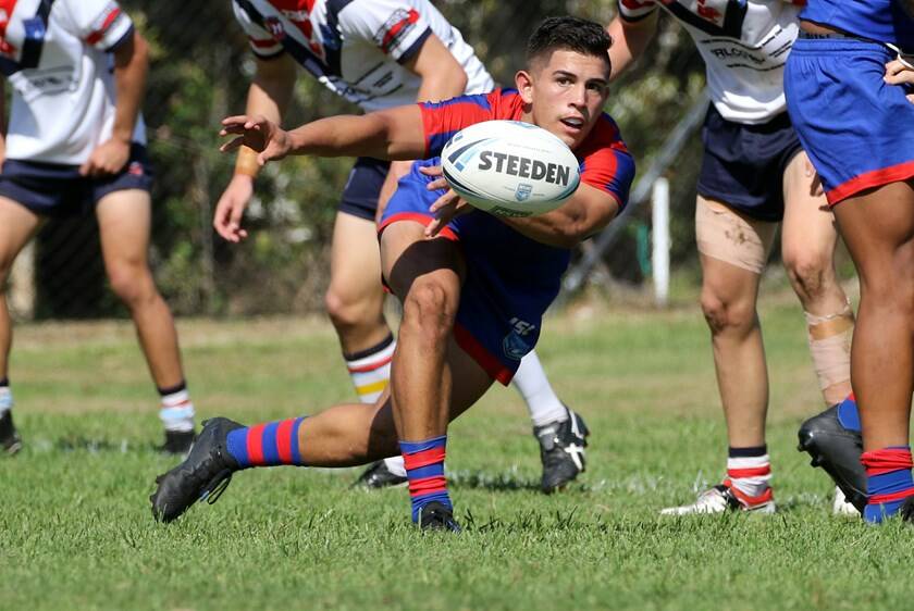 Mitch Black fires out a pass playing for Newcastle Knights in the SG Ball competition this year.