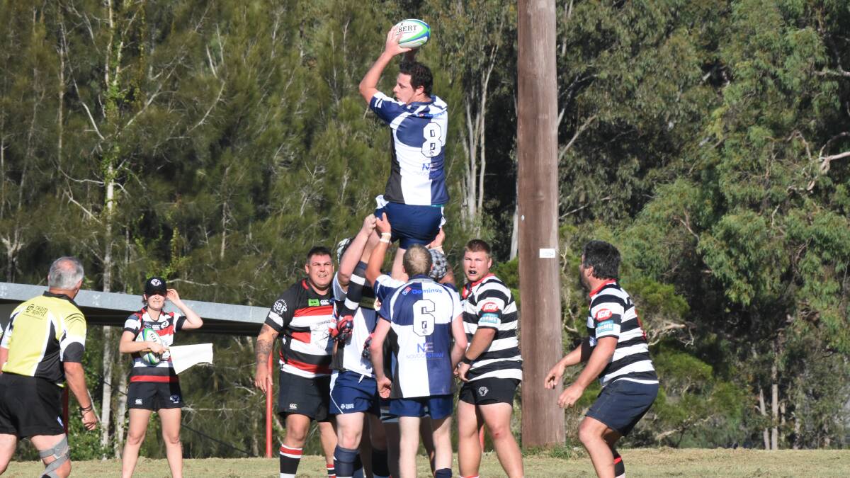 Mitch Carter wins a lineout for Manning Ratz in the clash against Gloucester at Taree Rugby Park.