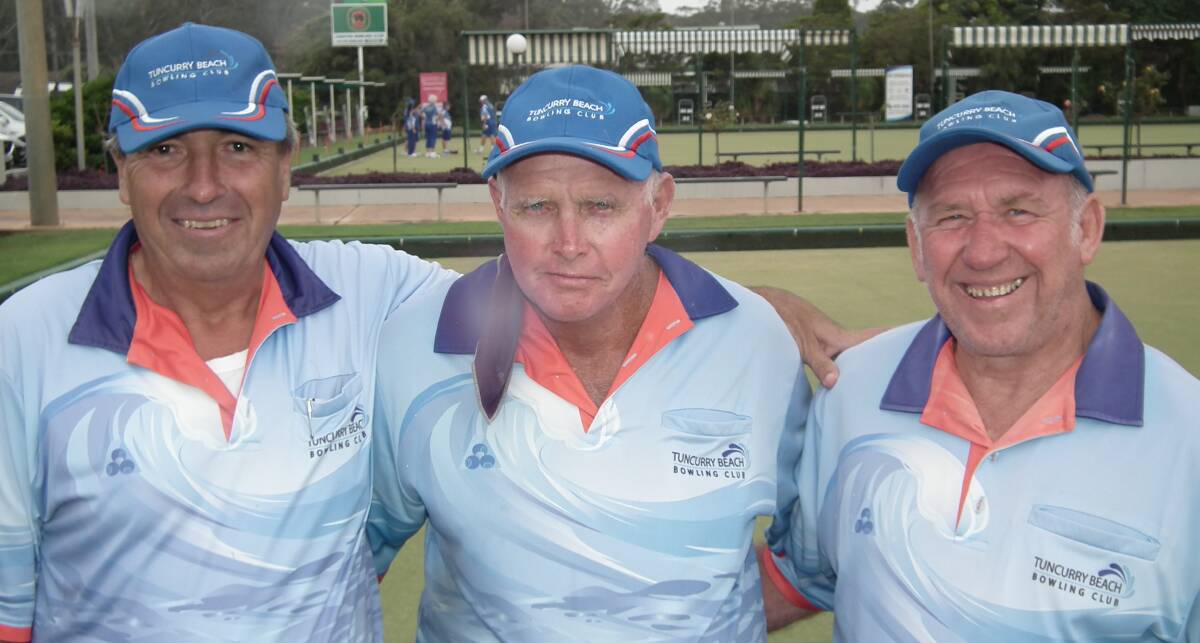 We are the champions: The Tuncurry Beach team of Steve Harris, Dave Richardson and Steve Swan after their win in the Zone 11 triples.