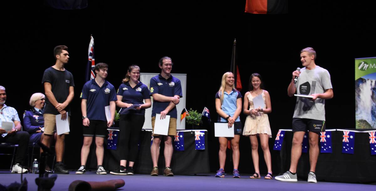 Wade Harry gave a polished acceptance speech after being named the Manning River Times/Mid Coast Council (Ken McDonald Memorial) Sportstar of the Year. Other finalists were (from left) Ben Williams, Alistair Adamson, Jade Page, Sean Page, Jaime Hemmingway and Abby Watts (absent Kye Andrews).