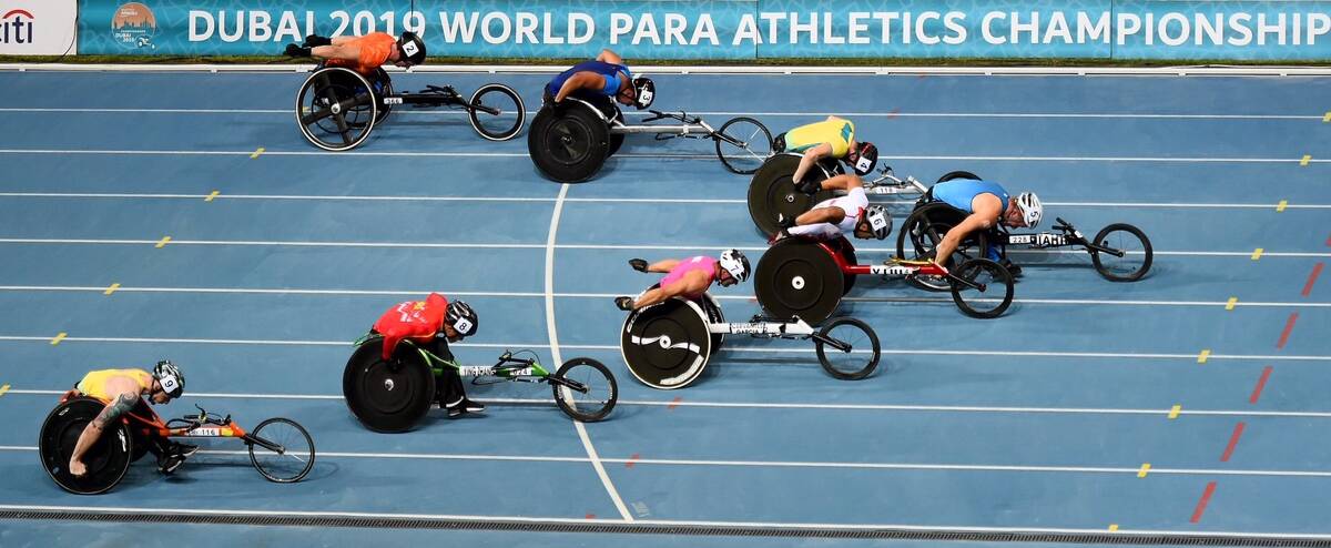 The finish of the 100 metres at the world championships.