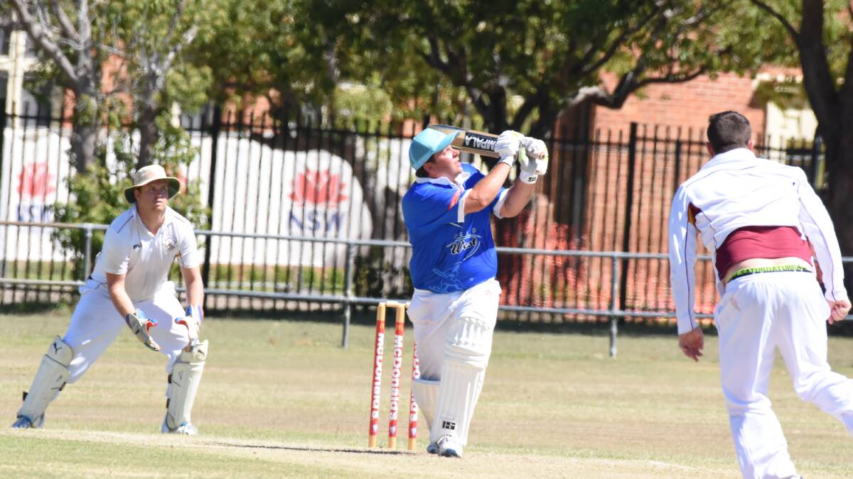 Taree West skipper Josh Meldrum hits out during the recent win over Macquarie at Taree Park.