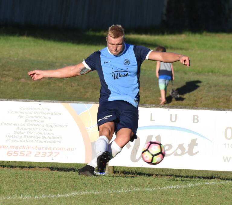 Taree stalwart Jackson Witts puts boot to ball during the opening round of the Mid North Coast Premier League. The Wildcats play Macleay Valley at Omaru Park on Saturday.