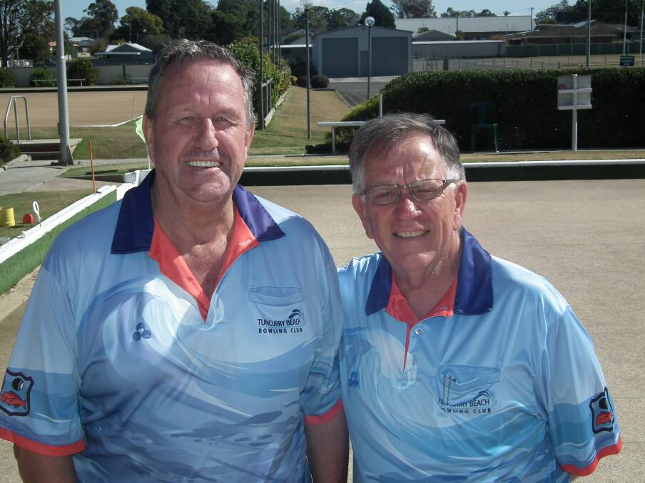 Res Johnston (right) defeated club-mate Kevin Robinson in an all-Tuncurry Beach final of the senior singles.