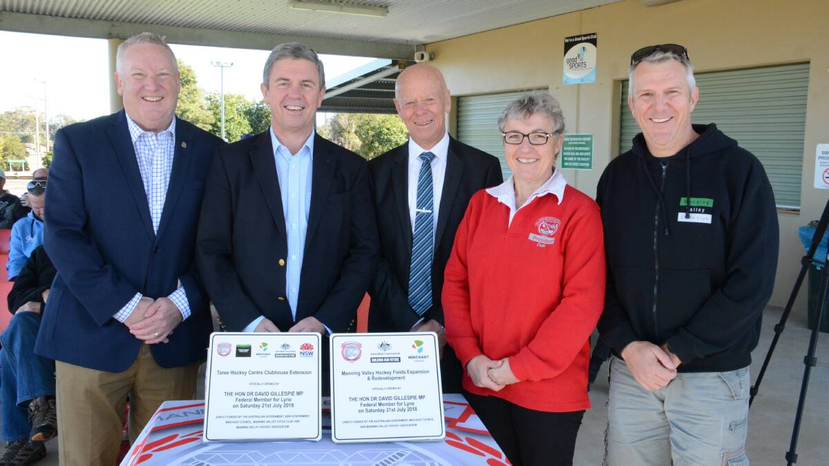 Hockey NSW chief executive David Thompson, Member for Lyne Dr David Gillespie, mayor David West, Manning Hockey president Debbie Monck and Manning Cycle Association president Mick Cross at the official opening.