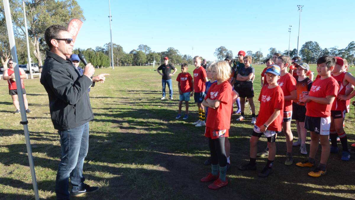 Danny Buderus speaking to juniors at the coaching clinic held this week at the Taree Recreation Centre. 