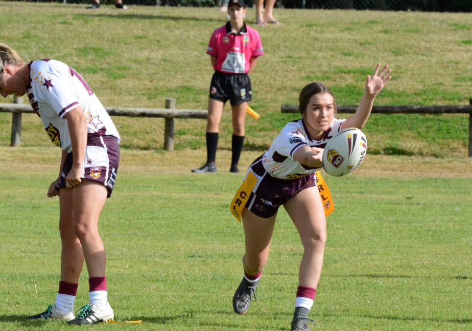 Aleah Clarke fires out a pass during the Group Three All Stars/Indigenous All Stars representative league tag game played earlier this year.
