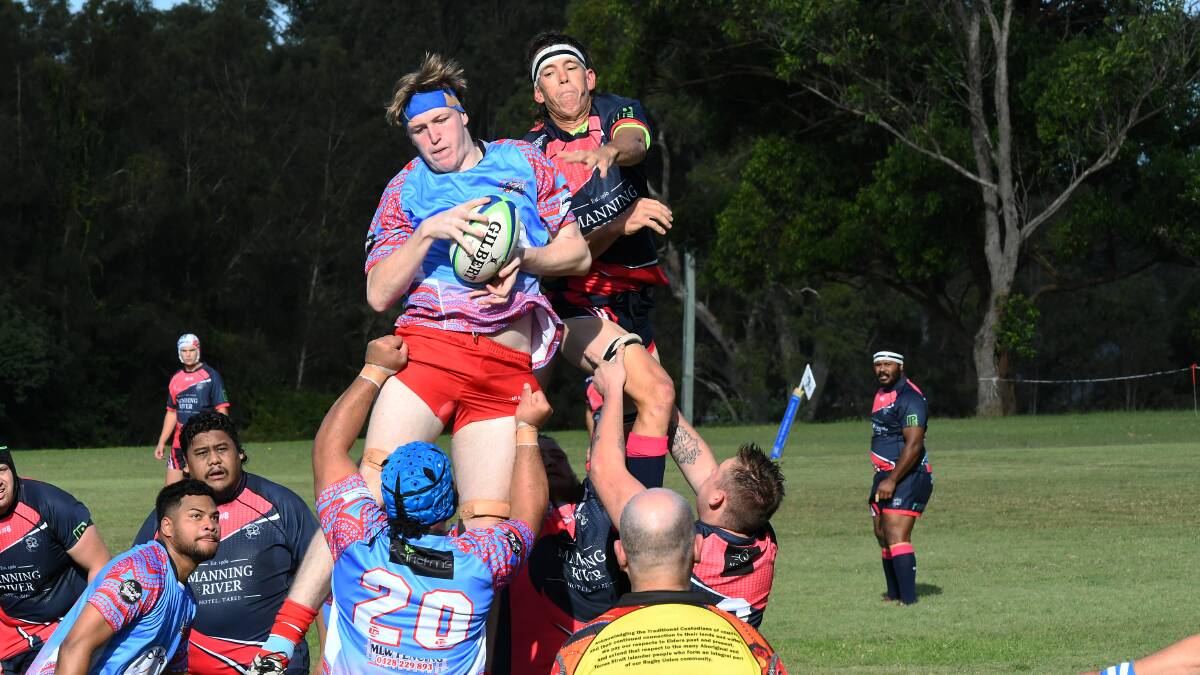 Nick Driessen wins a lineout for the Clams in the match against Manning Ratz. He was outstanding in the win over Wauchope.