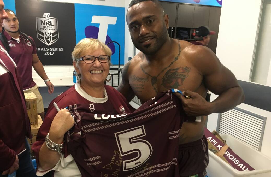 Donna Boyd was all smiles when Sea Eagles star Akuila Uate presented her with his jumper after the semi-final loss to Penrith last week. Photo and story courtesy of Sea Eagles Media.