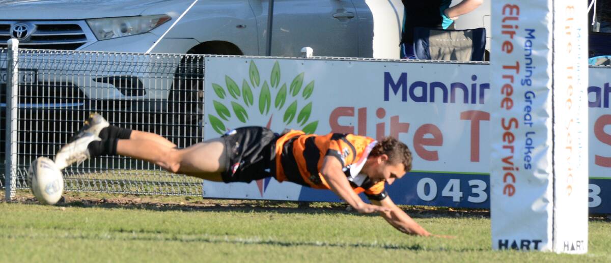 Jared 'JJ' Gibson scored Wingham's first try in the May 15 game against Taree City. A broken leg sustained in the clash against Old Bar will sideline him for the rest of the year.