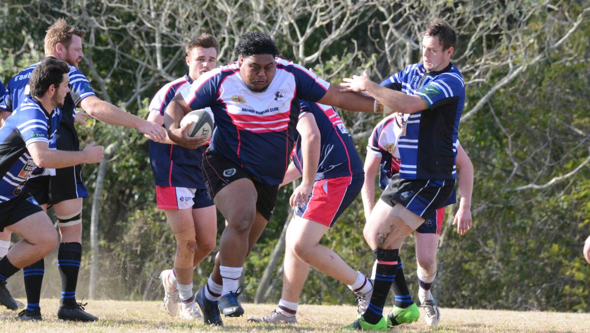 Manning Ratz prop Bronson Rangi charges through the Wallama defence during the Lower North Coast Rugby Union final at Taree Rugby Park. Rangi was the player of the match in Manning's 33-19 win.