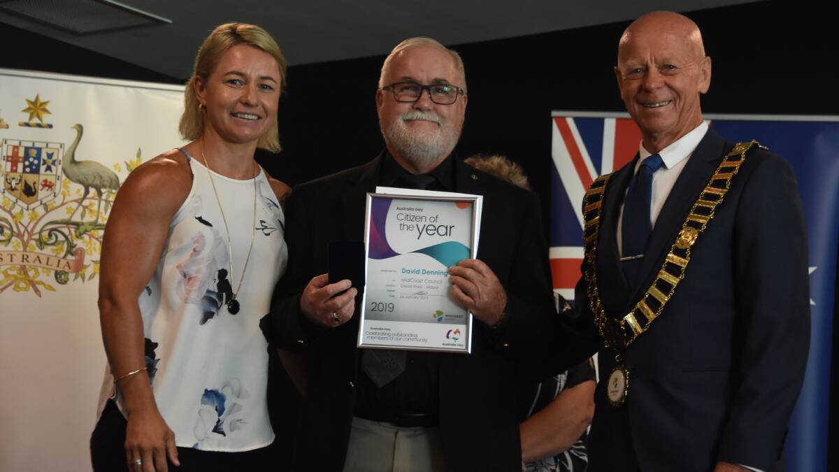 Citizen of the year, David Dening flanked by Australia Day ambassador Kylie Hilder and mayor David West at this year's Australia Day ceremony held at Club Taree.