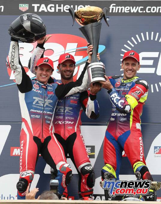 Josh Hook and team-mates Freddy Foray and Alan Techer celebrate their win in the World Endurance Championship in 2018. 