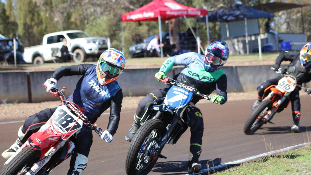 Mike Kirkness leads Marty McNamara at last year's Australian Dirt Track Championship meeting. They'll be two of the headline acts at this weekend's twilight meeting at the Old Bar Roadside Circuit. Photo Sheree Griffin.