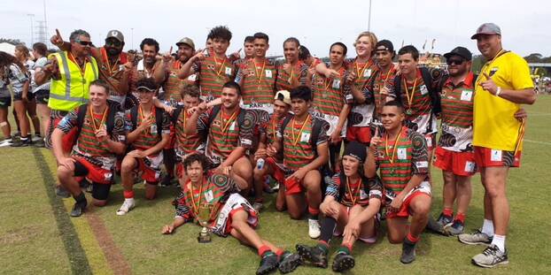 South Taree players and coaching staff after their win in the under 15 final at the State Koori Knockout played on the Central Coast. Photo supplied.