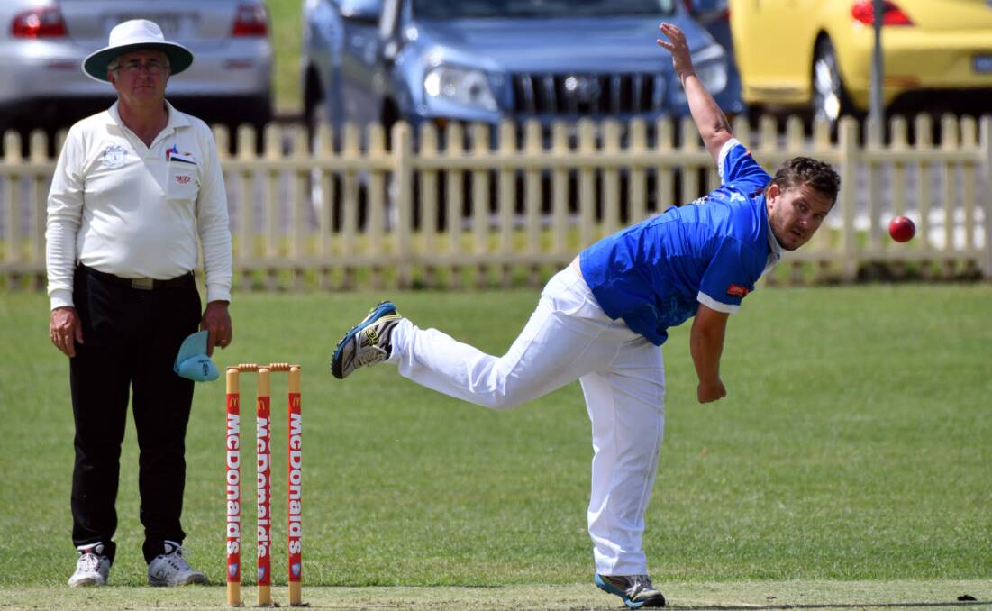 Taree West's Kris Ball bowling in the clash against Port City at Oxley Oval. Photo Port Macquarie News/Ivan Sajko.