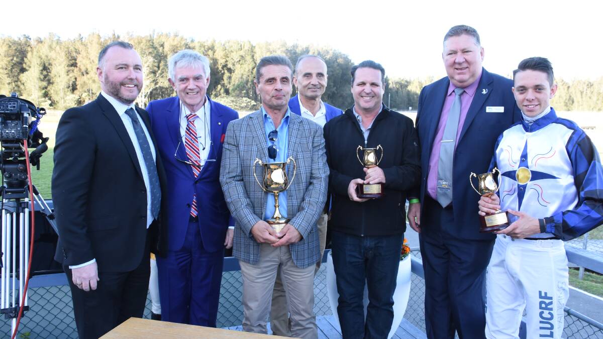 Tim Stack from sponsor Stacks Law Firm, race club chairman Greg Coleman, trainer Richard Freedman and jockey Andrew Adkins with connections of last year's Taree Cup winner Shalmaneser. This year's cup will carry prizemoney of $100,000.