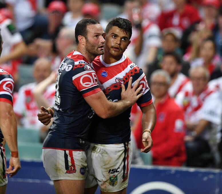Boyd Cordner and Latrell Mitchell playing for the Sydney Roosters this year. Photo Gregg Porteous NRL Photos.