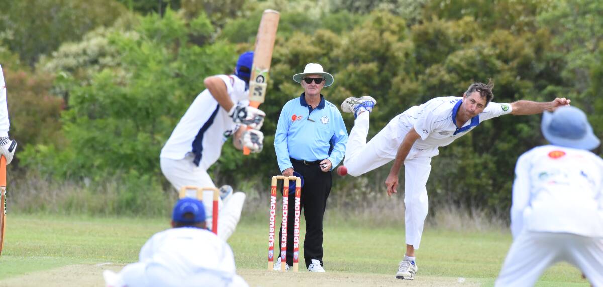 Wingham's Mick Stinson sends down a delivery in the Mid North Coast Premier League clash against Nulla at Wingahm last season. Nulla has withdrawn from the 2019/20 competition.