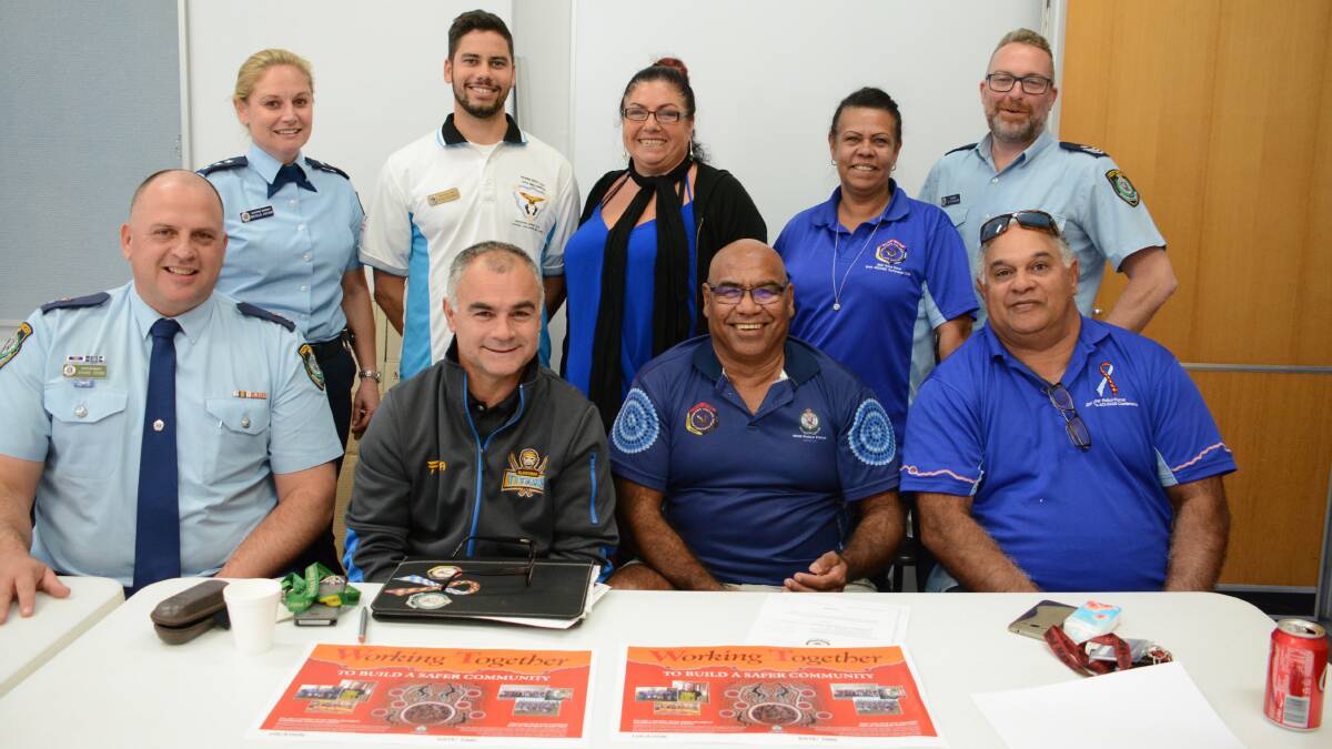 Back, Manning Great Lakes Police District crime manager Detective Assistant Inspector Natalie Antaw, Manning Great Lakes PD Aboriginal Community Liaison Officer (ACLO) Coen Ridgeway, Tweed-Byron PD ACLO Rebecca Couch, Campbelltown Police Area Command ACLO Vanessa Tomkins, Manning Great Lakes PD crime coordinator Sgt Ben Atkinson; front, Manning Great Lakes PD Commander Superintendent Shane Cribb, Lake Illawarra PD ACLO Glen Sutherland, Oxley PD ACLO Harry Cutmore and Campbelltown PAC ACLO Allen Knight.