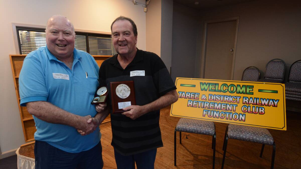Warwick Lewis congratulates Mick Kime upon his retirement this year. Warwick was Mick's first mentor, between 1978 and 1982.