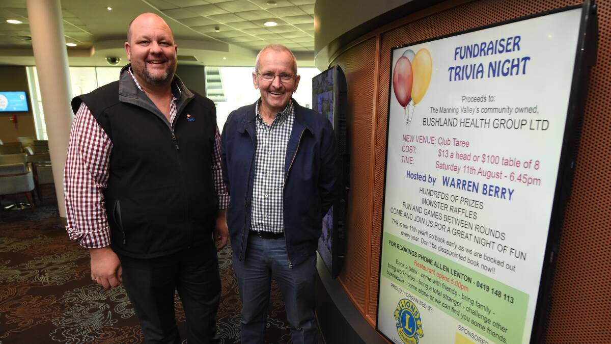 Paul Allan of Club Taree and Allen Lenton of Taree Lions with the poster advertising the upcoming trivia night. Club Taree is the venue for the first time.