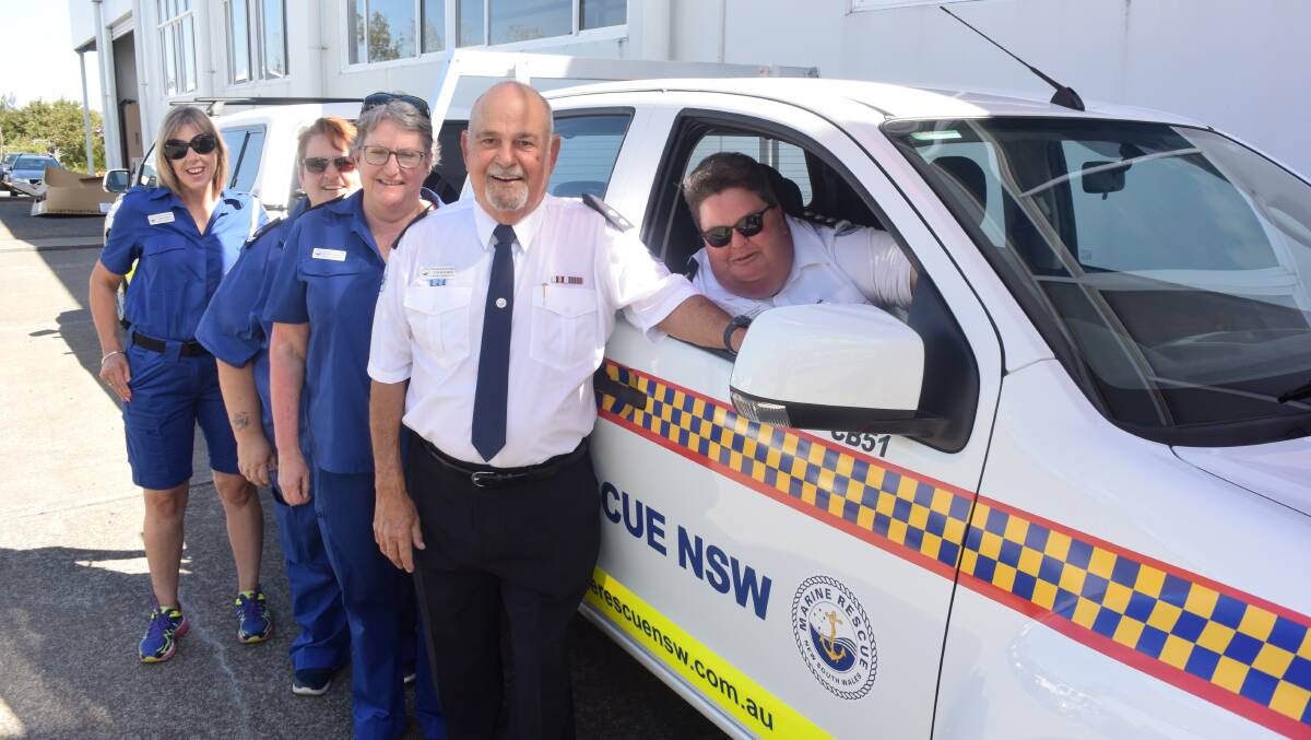 Crowdy Harrington Marine Rescue members (left to right) Maria Seach (operations), Mary Thomas (treasurer/ administration), Susan Worsley (training officer), Leon Elelman (deputy unit commander) and Bek Brown (unit commander) after picking up their new vehicles. Photo: Rob Douglas.