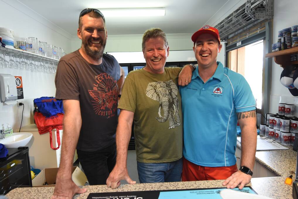 Andrew Harrison, Graham Moses and Michael Cameron at Taree Old Bar Surf Club's 90th anniversary reunion.