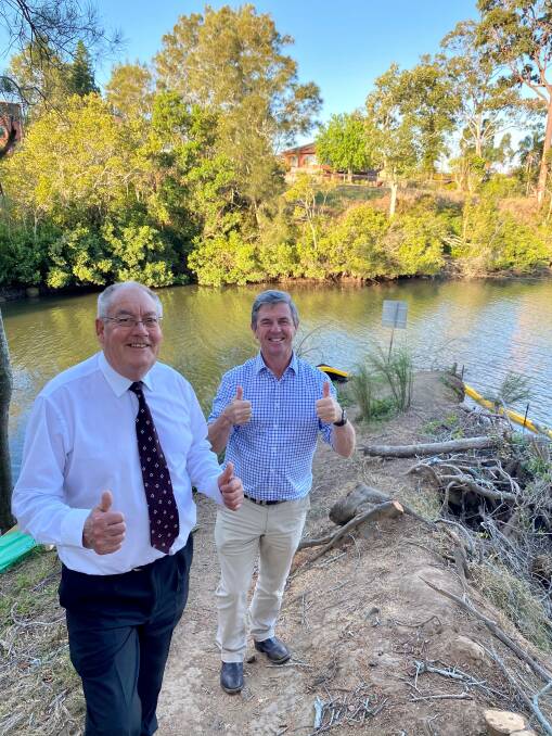 Lyne MP Dr David Gillespie and Bushland Health Group CEO, Denis Hawkins inspect works for the new pedestrian bridge